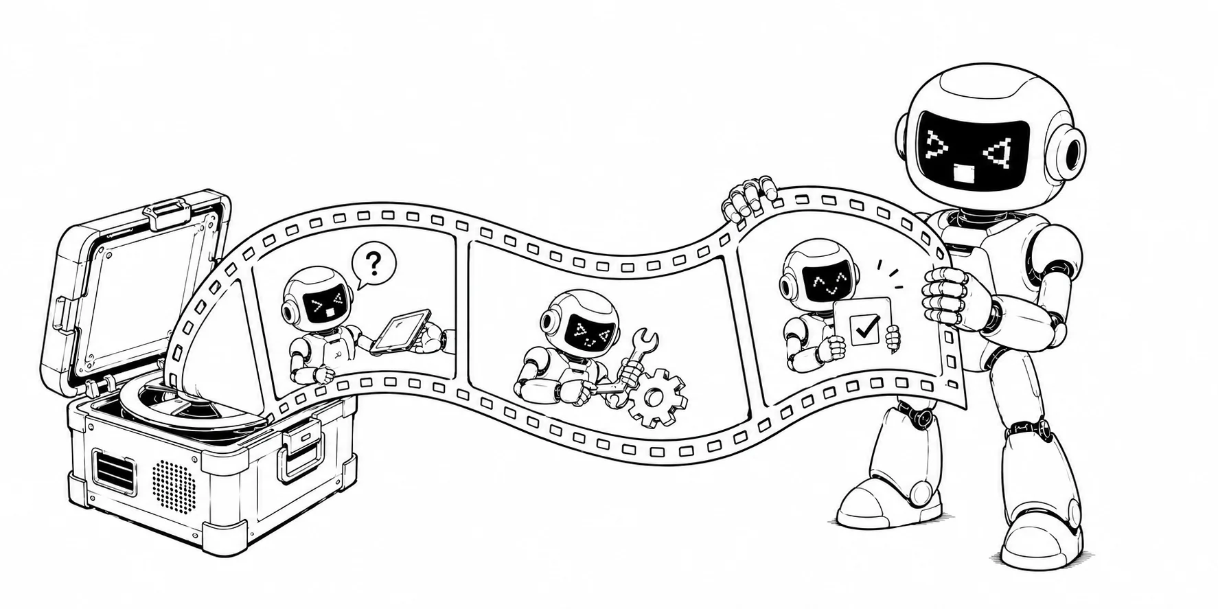 A robot unspooling a recorded sequence of its earlier actions.
