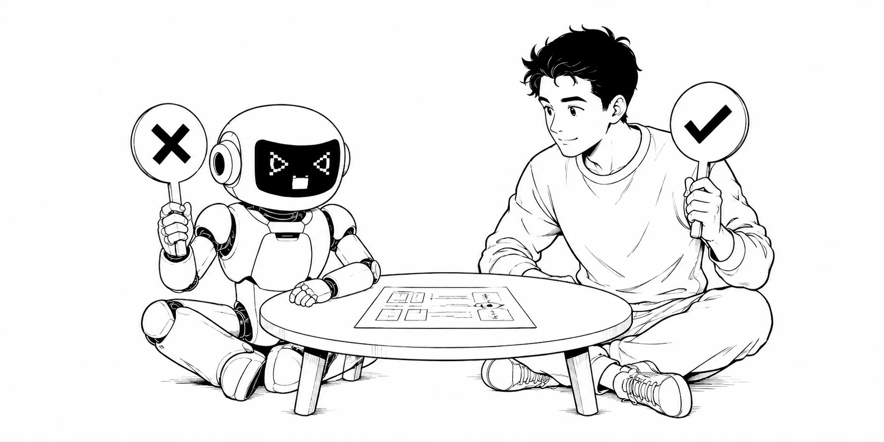 A robot and a human comparing different verdicts on the same work.