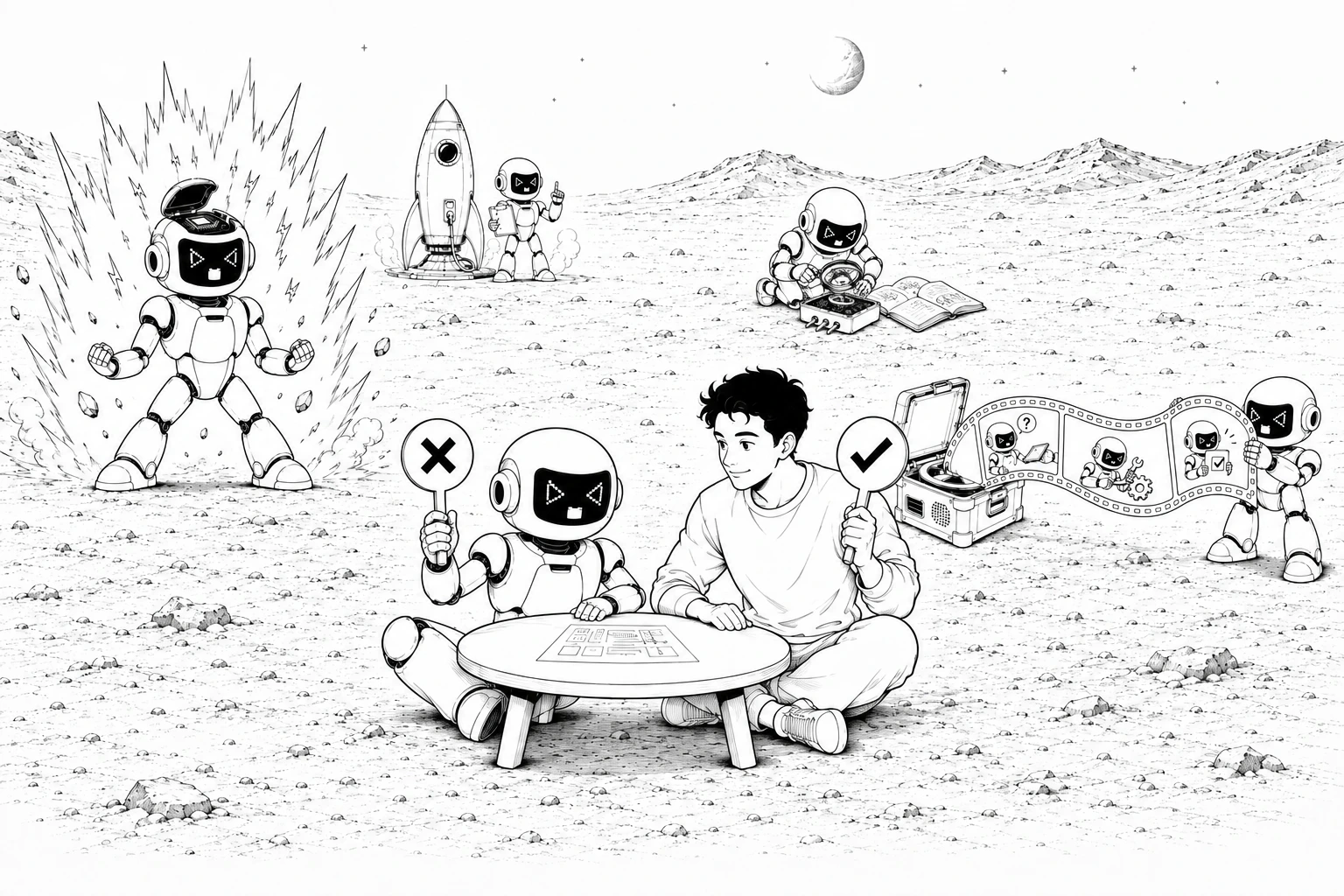Rubrist's human and robot compare judgments at a large table in the foreground. Overclock powers up on the left, Ironside unspools a recording on the right, and smaller Casefile and Dailies scenes sit farther back on the same rocky exoplanet.